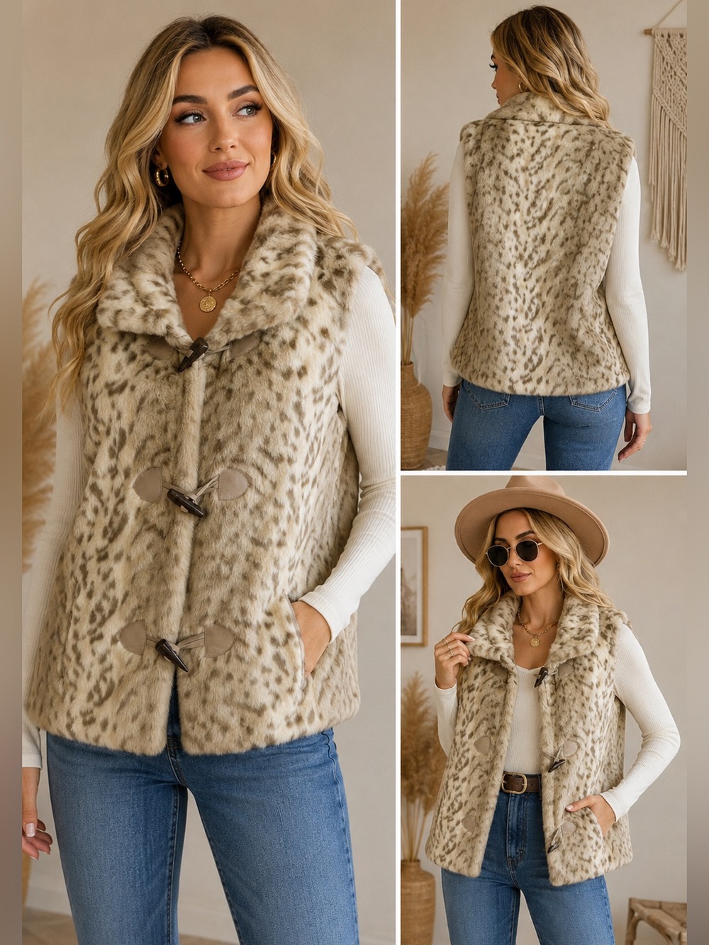 Coldwater Creek Faux Fur Snow Leopard Print Toggle Vest Women’s M”